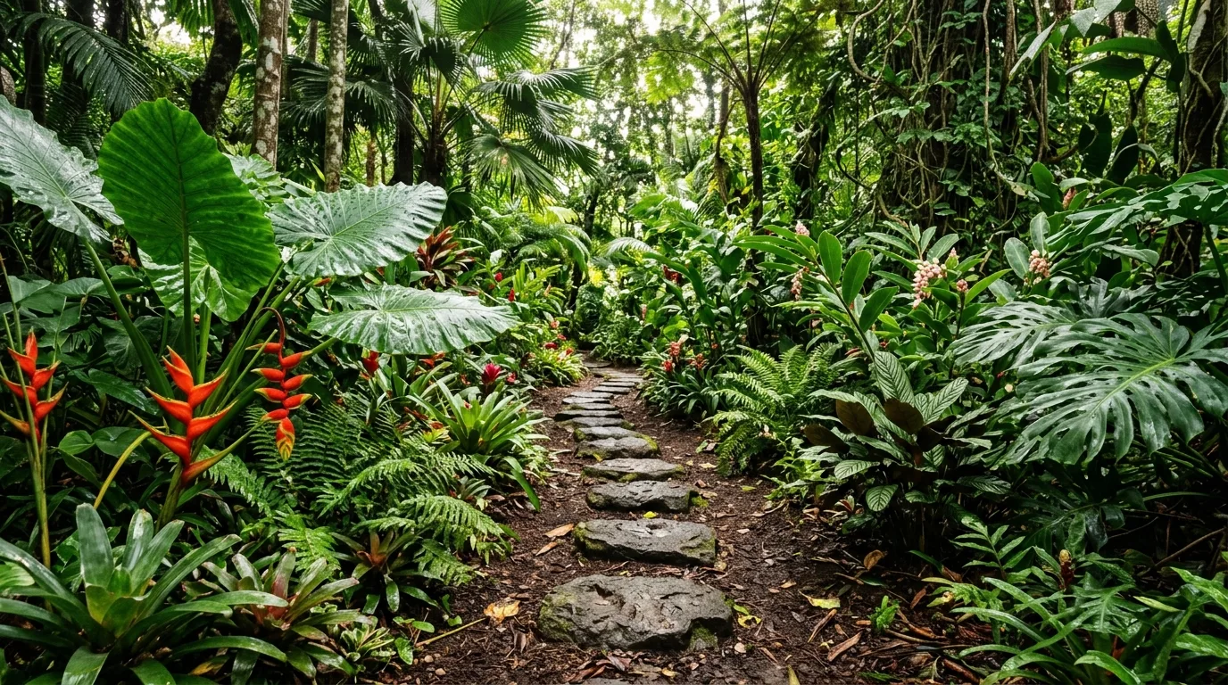 Water Feature and Tropical Beds